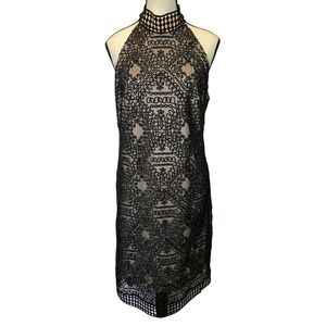 Nicole Miller Womens Sheath Dress Size 12 Embroidered Applique Overlay High Neck
